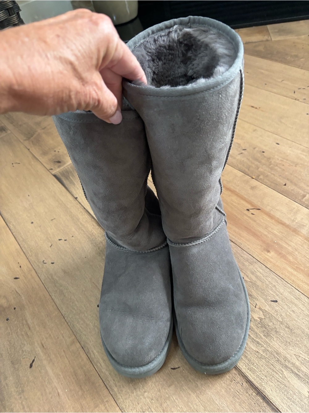 UGG Grey Suede Shearling-Lined Mid-Calf Boots